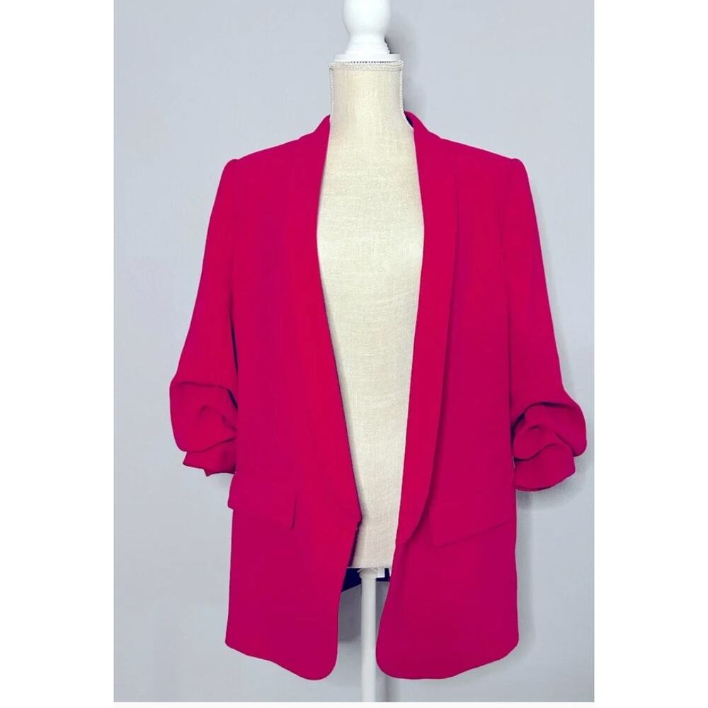 Zara Hot Pink Ruched Sleeve Open Front Blazer Size L